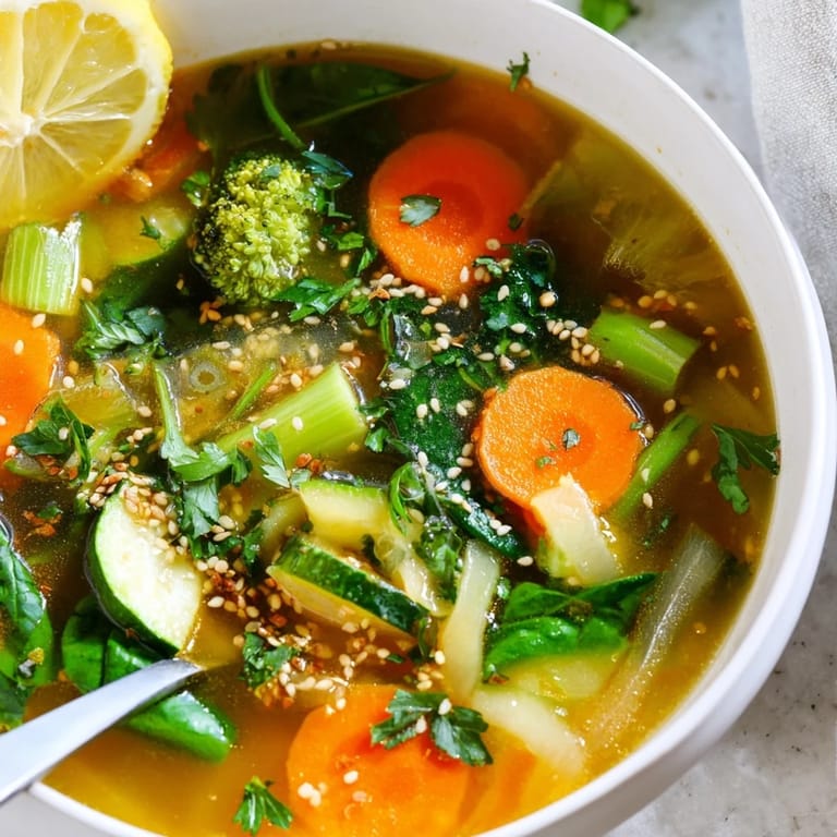 Serving of Collagen-Boosting Broth Bowl with zucchini, carrots, and spinach in a savory ginger and turmeric broth.  