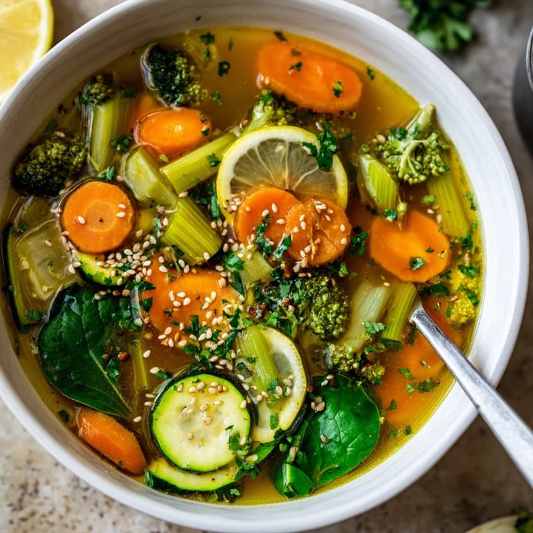 Nourishing Collagen-Boosting Broth Bowl ready to eat, garnished with parsley and sesame seeds on a rustic table.