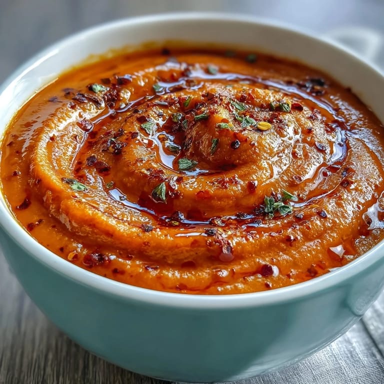 Comforting roasted red pepper soup, rich, earthy aromas, perfect for a cool evening.