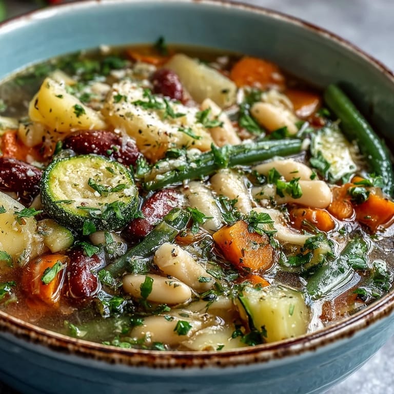Vibrant Minestrone Vegetable Soup with kale, zucchini, and carrots ready to be served.