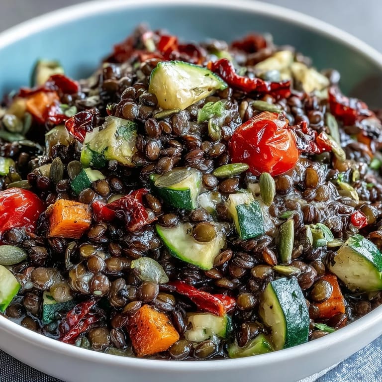 Hearty Black Lentil Salad topped with crumbled feta and fresh parsley, ready to serve as a satisfying vegetarian main.