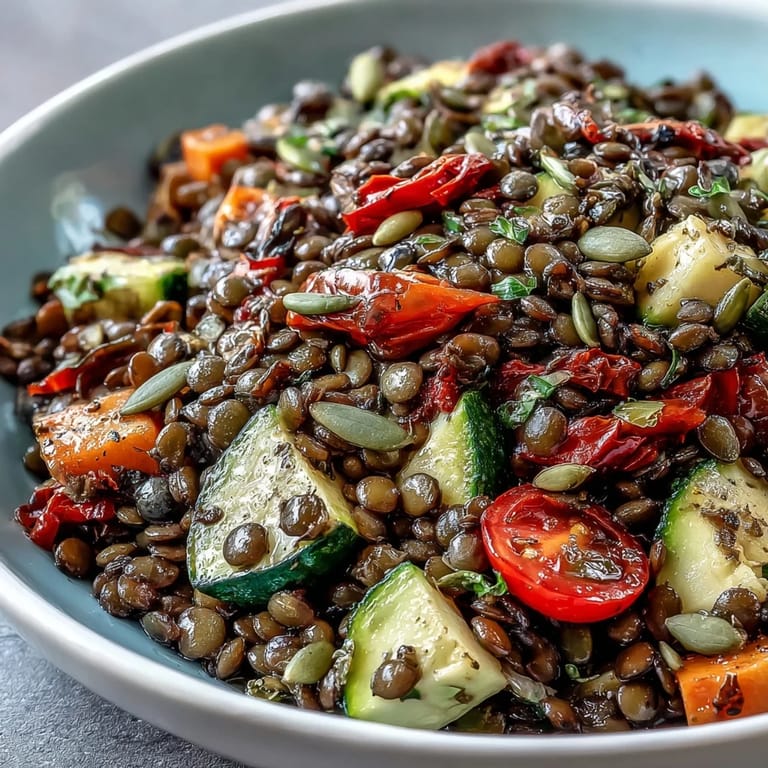 Drizzling zesty lemon dressing over warm Black Lentil Salad with roasted vegetables and crunchy pumpkin seeds for extra texture.
