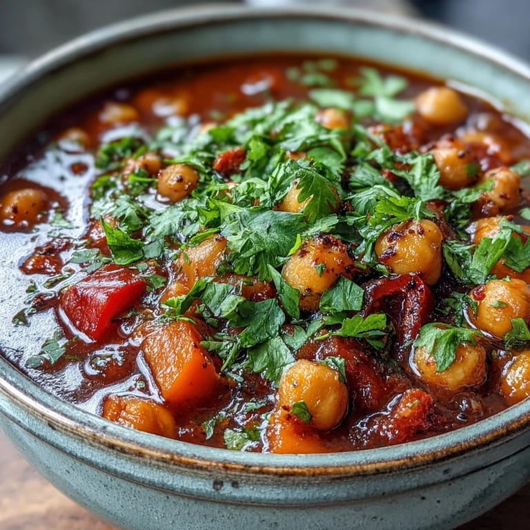 Comforting Spicy Chickpea Stew ladled into a warm ceramic bowl, topped with fresh parsley and a slice of lemon, ready to serve.