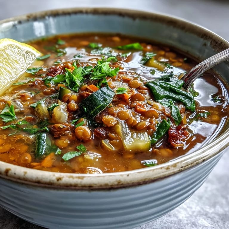 Close-up of Lentil Soup served in a rustic bowl, showcasing its rich texture, perfect with a side of crusty bread.