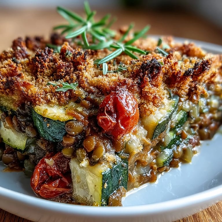 A steaming dish of Green Lentil and Vegetable Casserole with wilted spinach and vibrant red bell peppers.