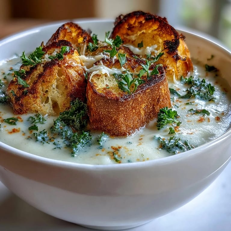 Blended Cauliflower and Broccoli Soup topped with crunchy homemade croutons and fresh herbs, served hot for a comforting meal.