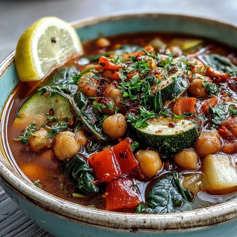 Vibrant Mediterranean Chickpea Stew simmering in a large pot, featuring red bell peppers, zucchini, and aromatic spices for a comforting vegan dinner.