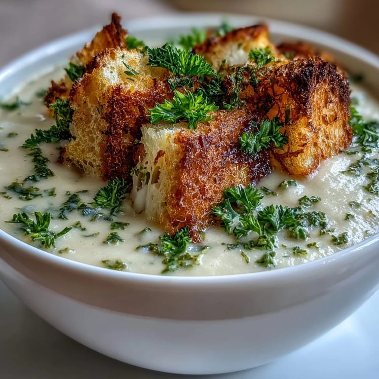 Cozy bowl of Cauliflower and Broccoli Soup with cheesy croutons, perfect for chilly evenings and easy weeknight dinners.