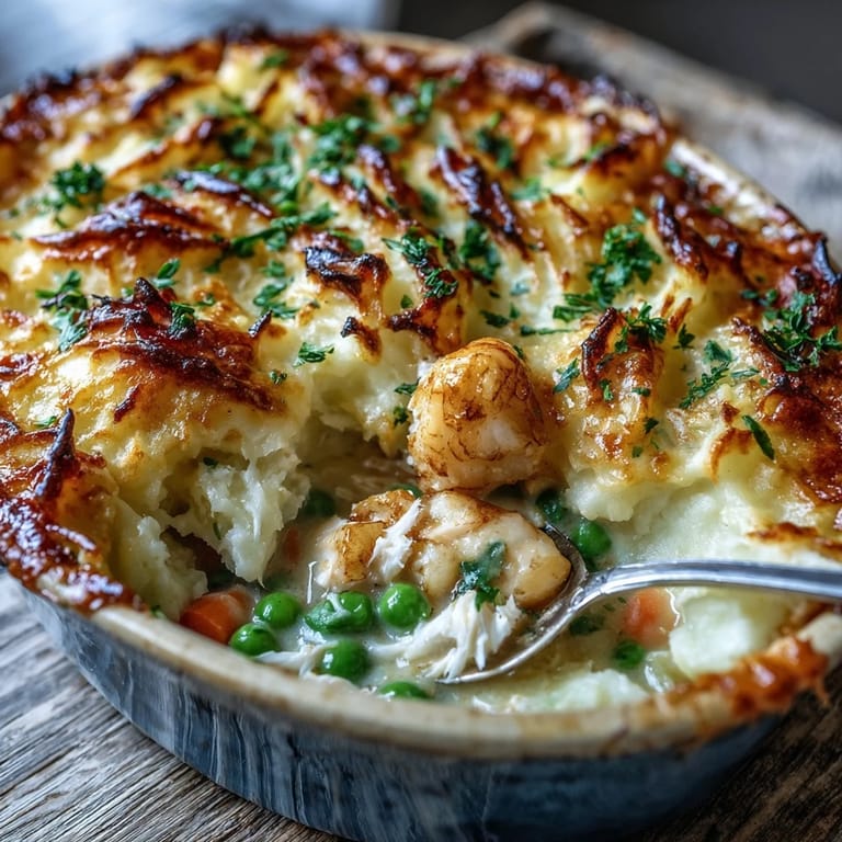 Ready to serve, this hearty Curried Fish Pie features fluffy mashed potatoes and a garnish of fresh green parsley.