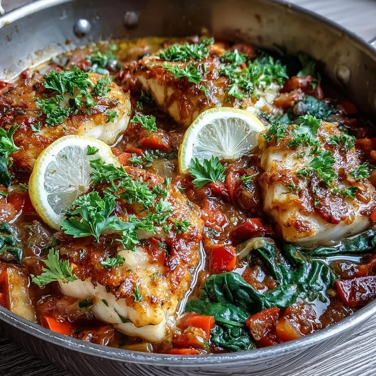 Spiced Cod One Pot plated with crusty bread for dipping, showing wilted spinach and vibrant diced bell peppers.