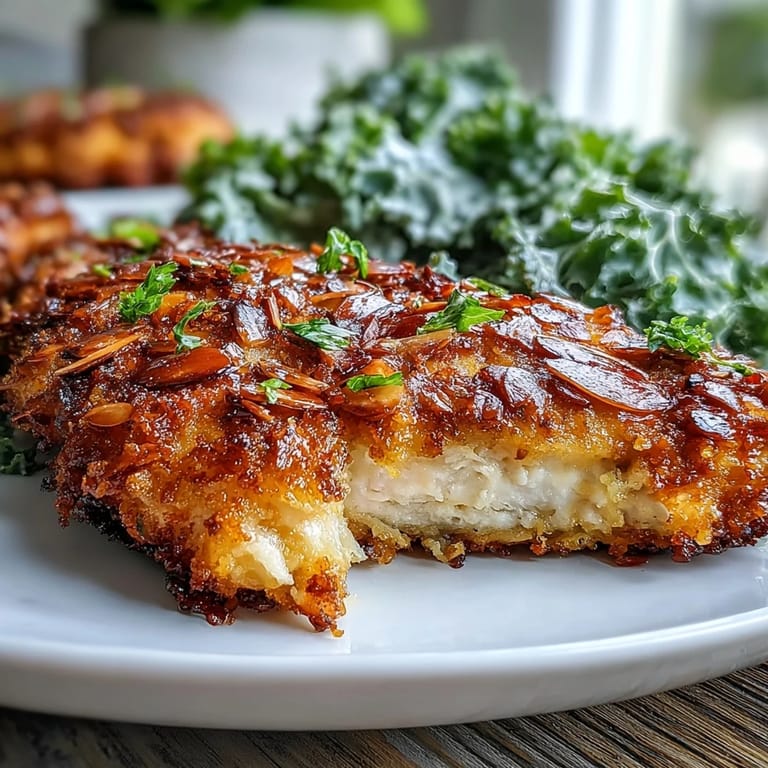 Golden brown chicken with almond parmesan crust served over a fresh marinated kale salad.
