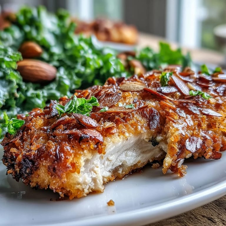 Juicy baked chicken with a crunchy almond coating next to a lemony kale and sumac salad.