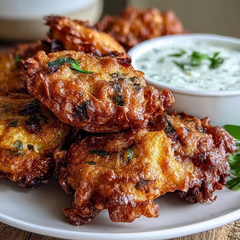Freshly fried Cauliflower Bhajis arranged on parchment paper, showing the textured batter and vibrant herbs, ready to be served.