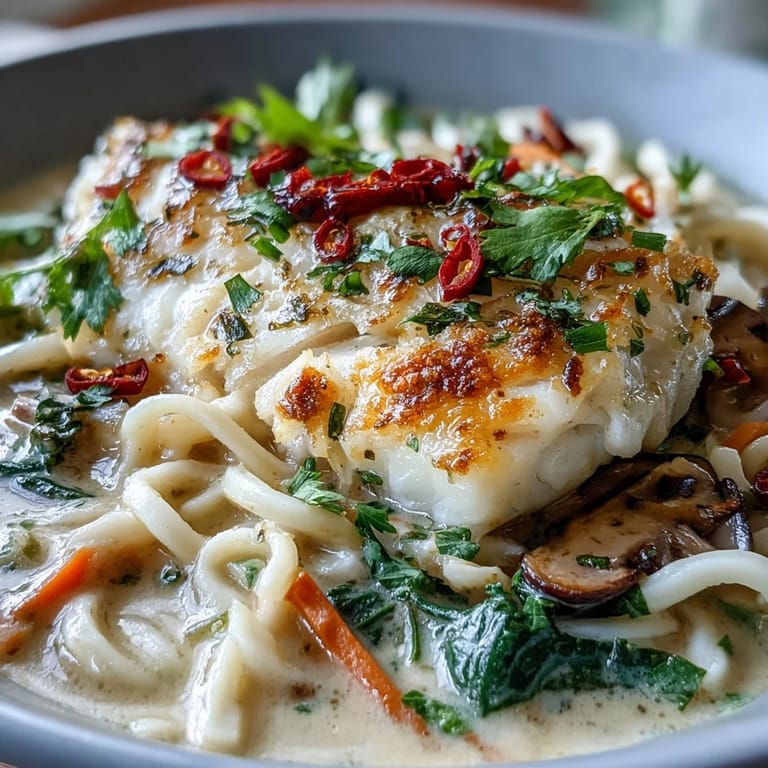 Close-up of Poached Cod With Spiced Coconut Broth and Udon Noodles, showcasing flaky fish and a warm, comforting noodle bowl.