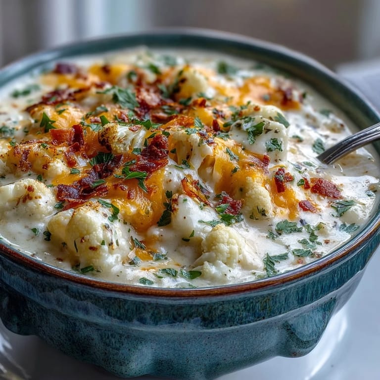 Comforting Vegetarian Cauliflower Chowder with a golden broth, blending cauliflower florets and spices for a warm, hearty meal.
