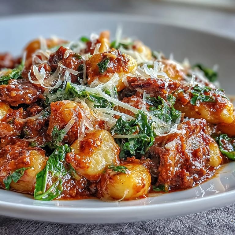 Hearty Sausage Gnocchi with Kale in a skillet, garnished with fresh basil for a comforting Italian-inspired dinner.  