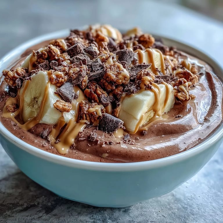 Close-up of a thick, creamy Chocolate Peanut Butter Smoothie Bowl featuring cocoa-rich base and generous chocolate and granola toppings.