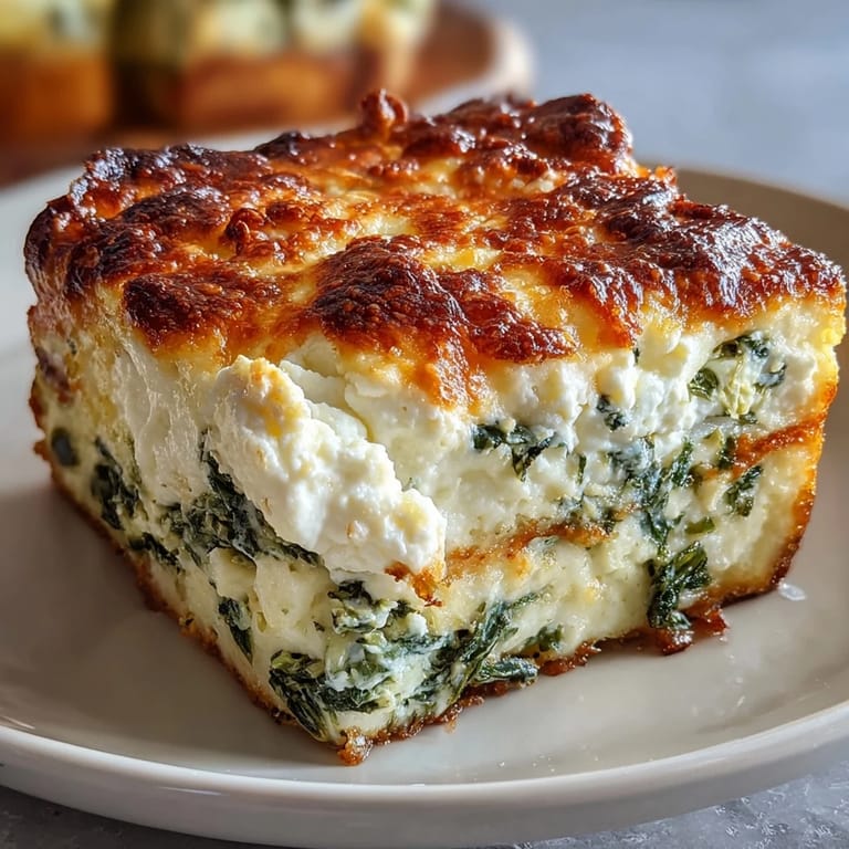 Slice of creamy High Protein Spinach Artichoke Bake revealing tender spinach and artichoke pieces in a low-carb casserole.