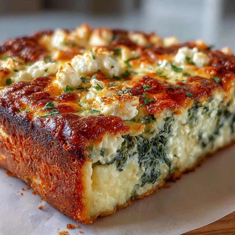 Golden-brown High Protein Spinach Artichoke Bake served hot from the oven, garnished with fresh parsley on a rustic table.
