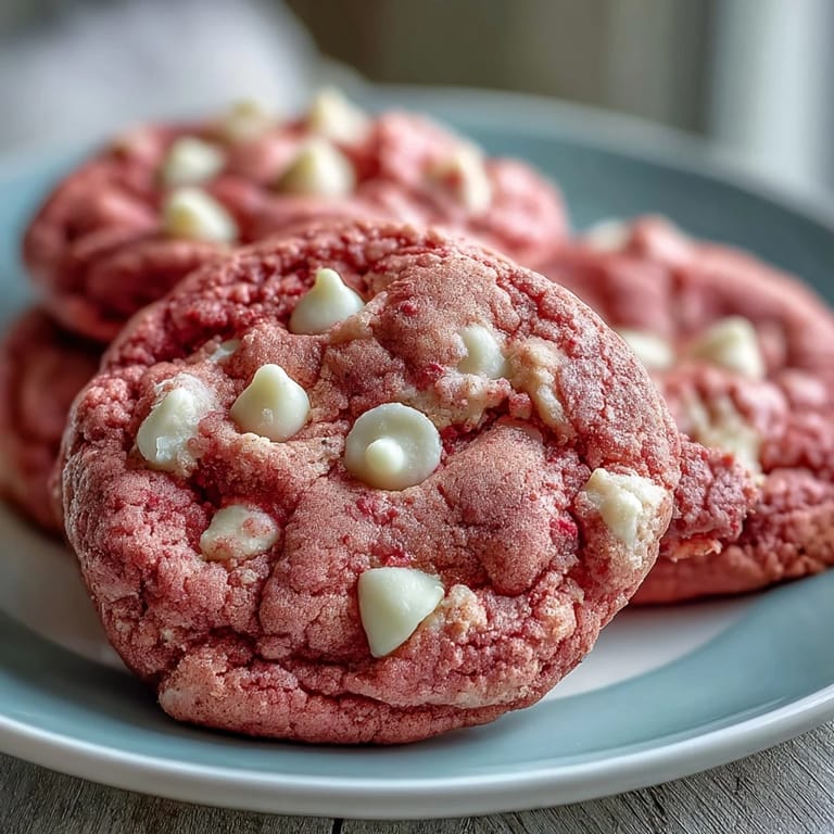 Close-up view of homemade Pink Velvet Cookies featuring gooey white chocolate chips and soft centers.