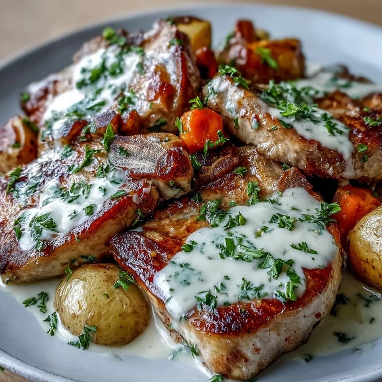 Fork-tender Crockpot Ranch Pork Chops with rich gravy, baby potatoes, and carrots, garnished with fresh parsley for dinner.