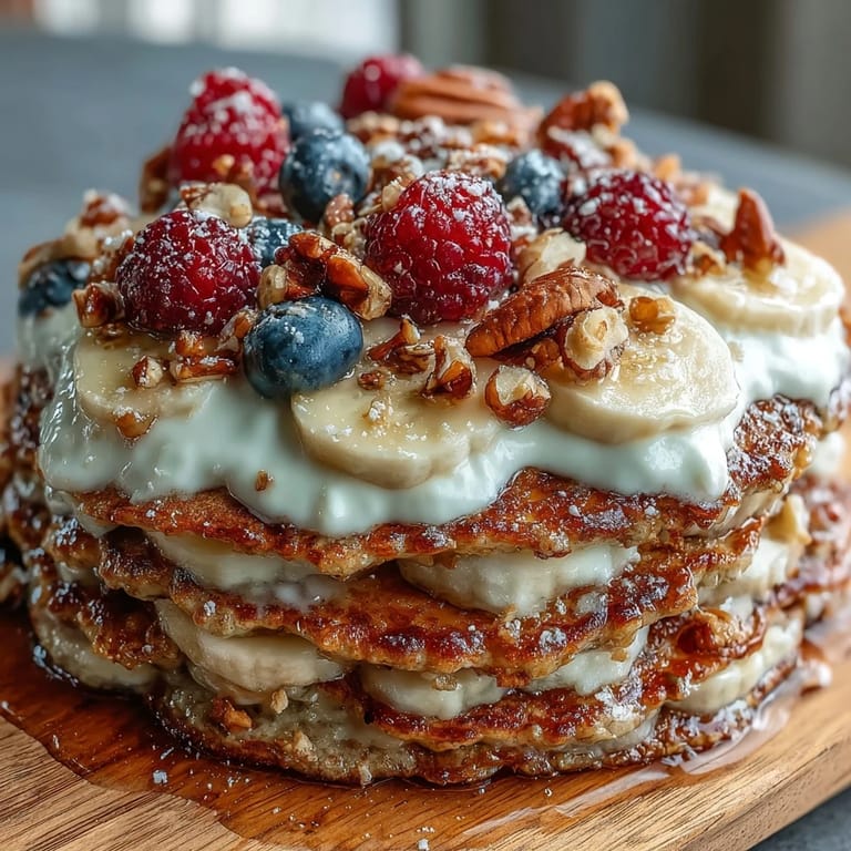 Golden Protein Pancake Bowl topped with sliced bananas, crunchy granola, and a generous swirl of nut butter.
