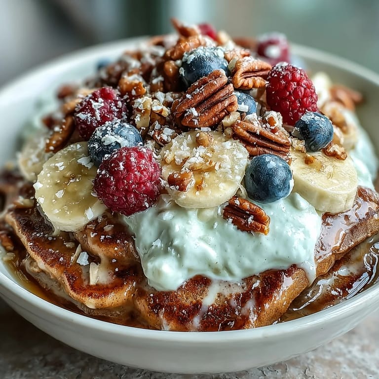 A hearty Protein Pancake Bowl with fluffy oat pancakes, berries, yogurt, and seeds ready to enjoy for breakfast.