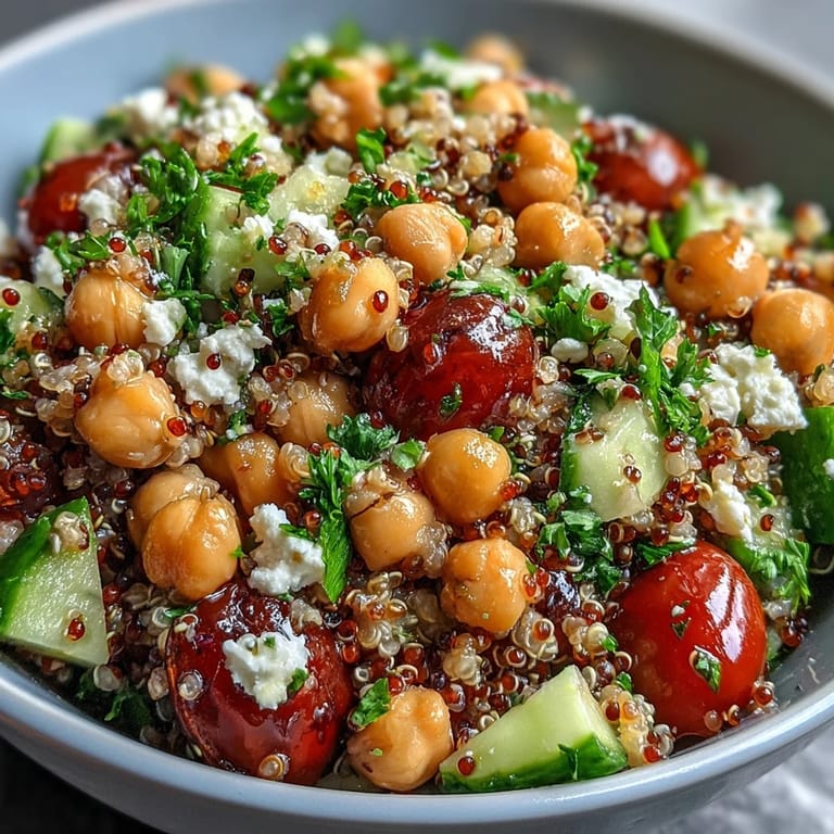 A bowl of High Protein Quinoa & Chickpea Salad topped with crumbled feta, herbs, and a bright lemon dressing.