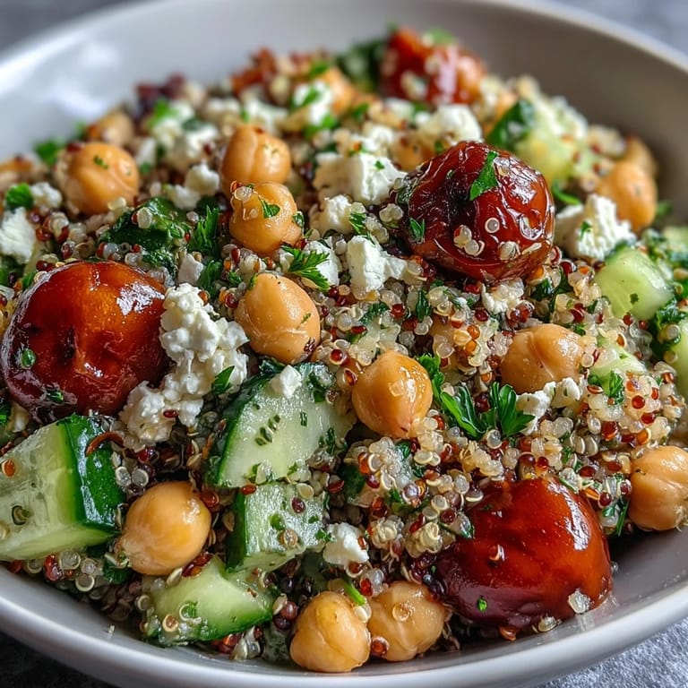 High Protein Quinoa & Chickpea Salad served as a Mediterranean-inspired main course garnished with parsley and a lemon wedge.