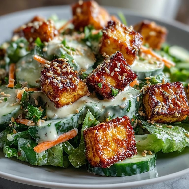 Spoon lifting a bite of Creamy Asian Cucumber Salad with Crispy Tofu from a vibrant lunch bowl, garnished with sesame seeds.