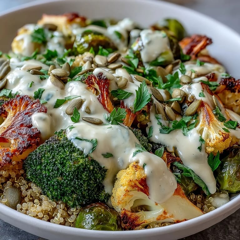 A nourishing Roasted Brassica Bowl featuring crisp-tender vegetables on grains, garnished with pumpkin seeds and fresh parsley for texture.