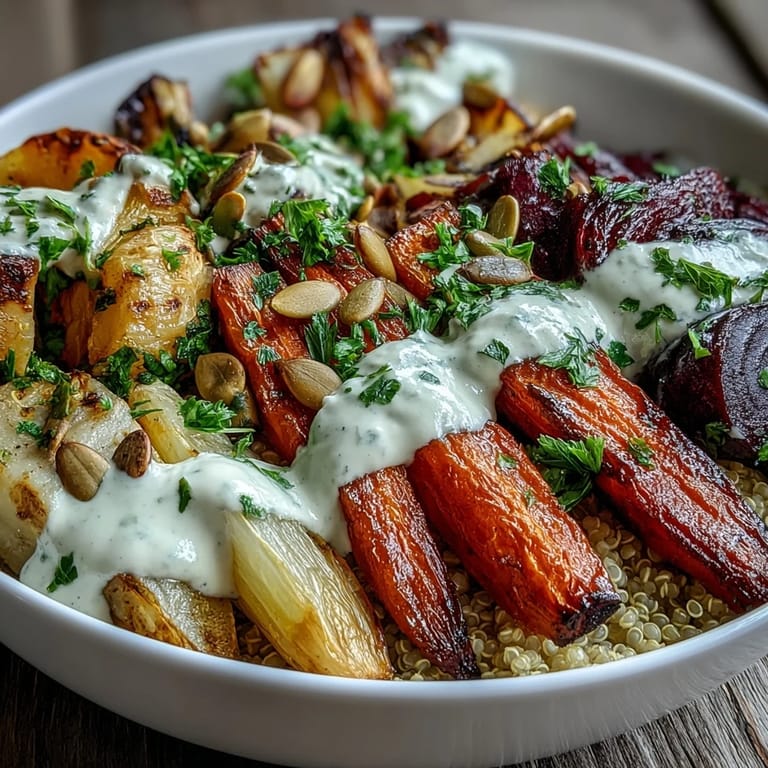 A creamy tahini drizzle coats hot Roasted Root Vegetable Bowl with beets and carrots, served as a nutritious dinner.