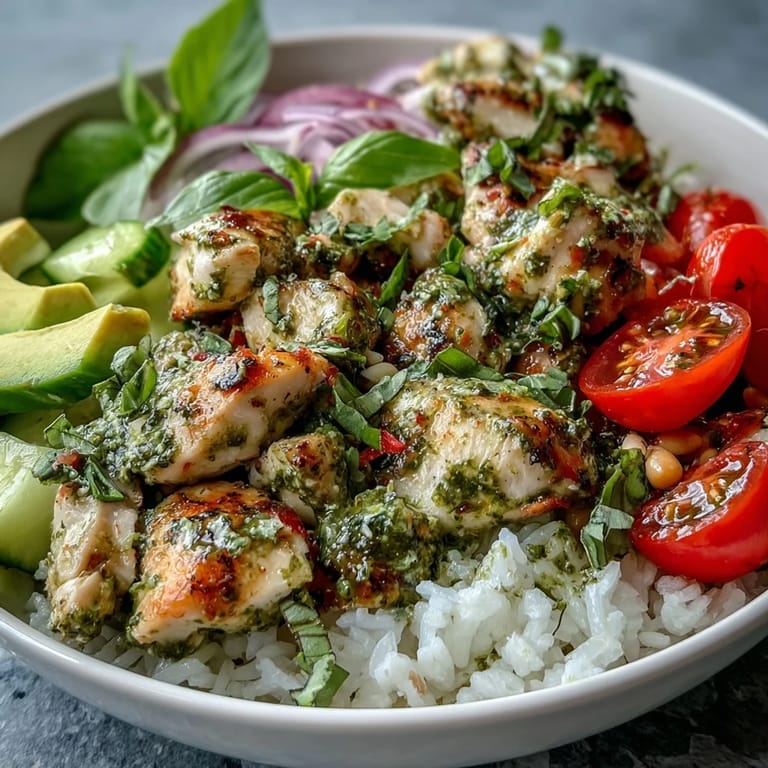 A vibrant bowl of pesto chicken with jasmine rice, sliced cucumbers, red onions, and a sprinkle of toasted pine nuts.