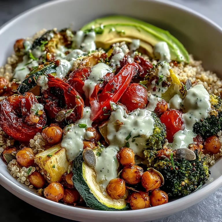 Golden roasted broccoli and smoky chickpeas top a hearty Vegetable and Legume Bowl, ready for a bright lemon squeeze and a creamy tahini drizzle.