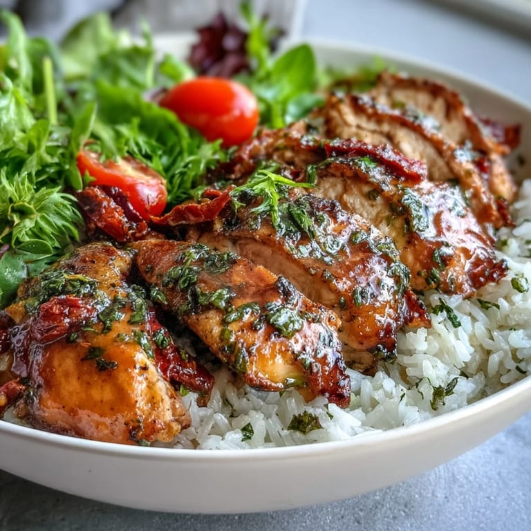 A close-up of Sun-Dried Tomato Chicken Bowl showing marinated chicken, toasted pine nuts, and feta over fresh greens.