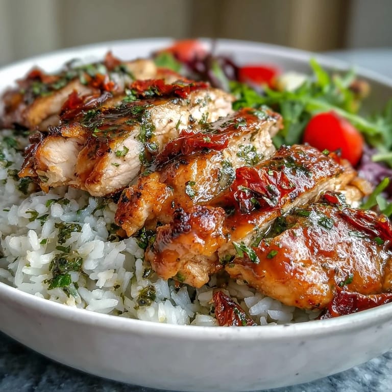 Vibrant Mediterranean-inspired Sun-Dried Tomato Chicken Bowl served with lemon wedges, drizzled with sun-dried tomato oil.