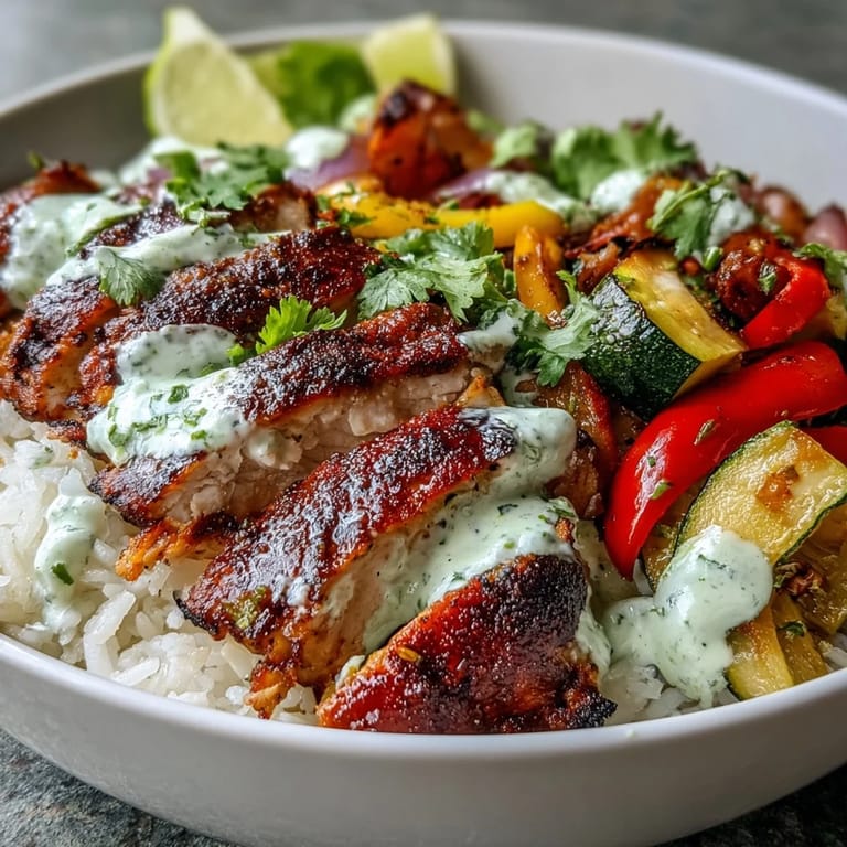 Juicy, spice-crusted blackened chicken is the star of this vibrant bowl, piled high with tender veggies and fresh cilantro garnish for a gluten-free dinner.