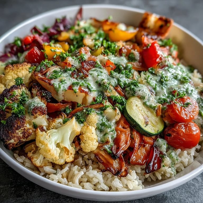 Rainbow Roasted Vegetable Bowl served warm with zucchini, carrots, and purple cauliflower, drizzled with vibrant green herb dressing.