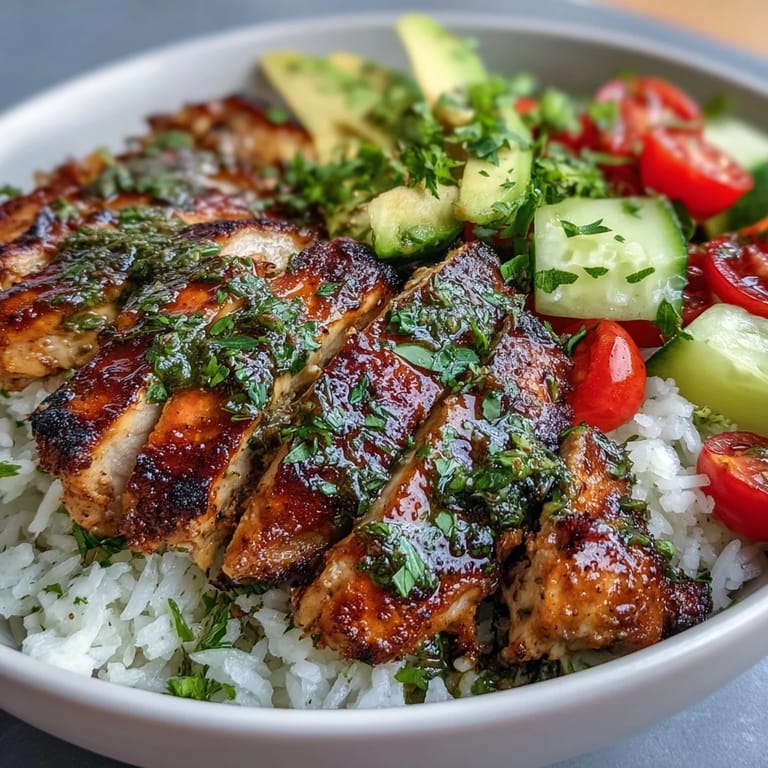 A close-up shows chopped herbs in the zesty chimichurri sauce drizzled over a hearty Chimichurri Chicken Bowl with diced cucumber and red onion.