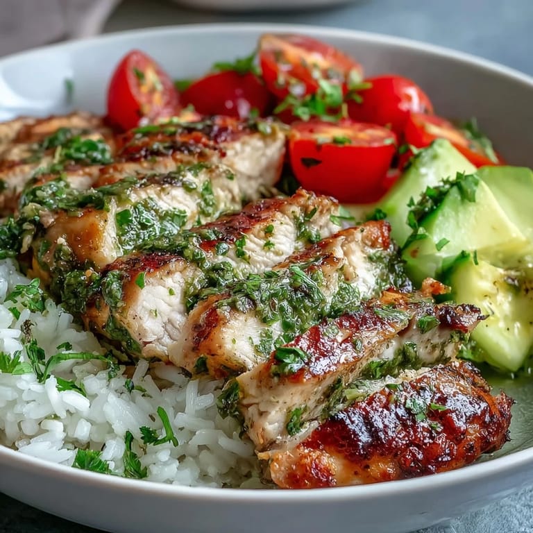 A vibrant dinner spread showcases the easy gluten-free Chimichurri Chicken Bowl, garnished with fresh cilantro and served with colorful vegetables and lime wedges.