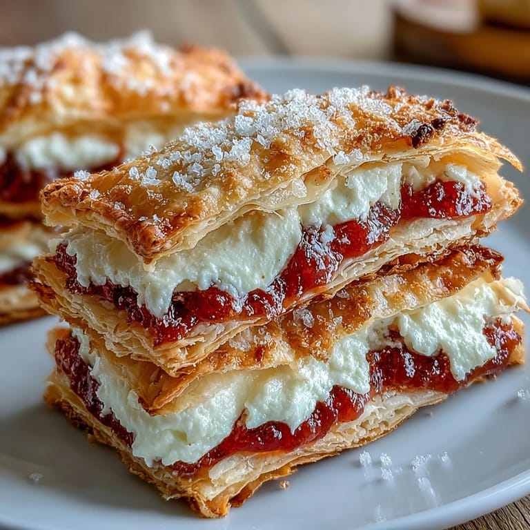 A hand holding a warm Guava and Cream Cheese Pastelito, revealing layers of sweet guava paste and rich cream cheese.