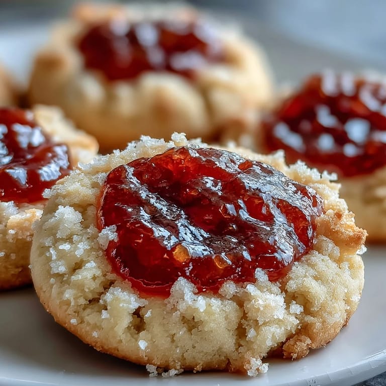 Freshly baked Guava Jam Thumbprint Cookies show their crumbly buttery texture and sweet-tart jam filling on a white plate.