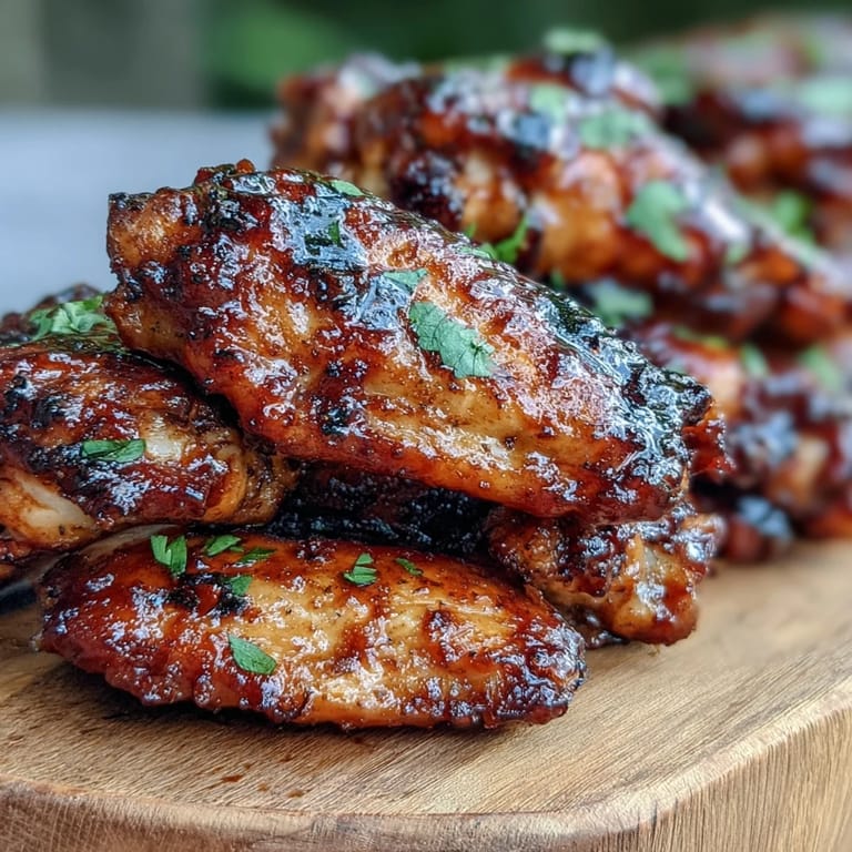 Close-up on crispy Guava BBQ Glazed Chicken Wings highlighting the glistening, sweet and smoky glaze.