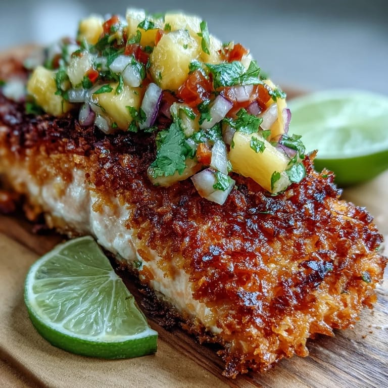Freshly cooked Coconut Crusted Salmon plated with juicy pineapple salsa, ready to be enjoyed with lime wedges for a tropical dinner.