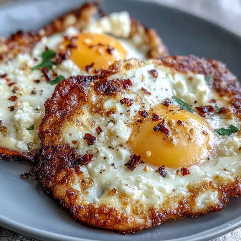 Two Crispy Feta Fried Eggs steam gently over golden-brown cheese, garnished with red pepper flakes and chopped parsley.