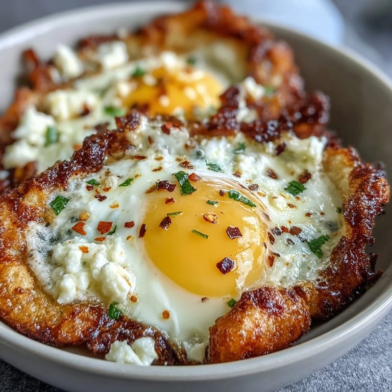 Sizzling Crispy Feta Fried Eggs with runny yolks on a plate next to crusty bread and a sprinkle of herbs.