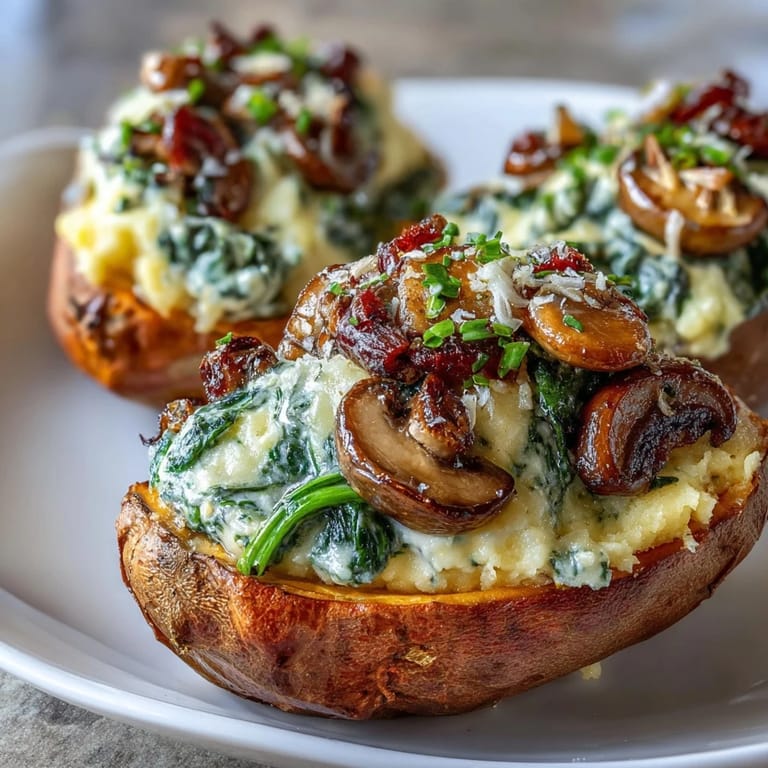 Freshly baked Creamy Mushroom and Spinach Stuffed Sweet Potatoes served hot on a rustic wooden table.
