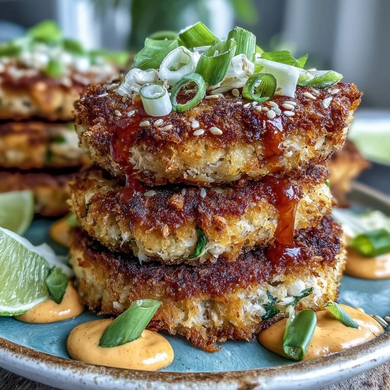 Freshly fried Asian-Style Tuna Cakes on a white plate, garnished with green onions and a small bowl of spicy mayo dip.
