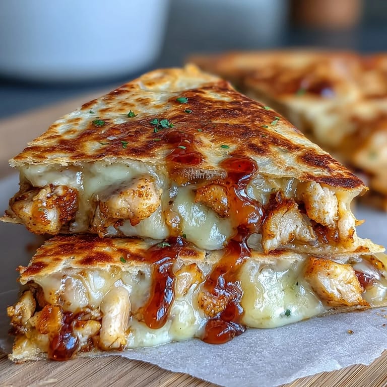 Fresh cilantro garnish and lime wedges accompany these crispy Cheesy Hot Honey Chicken Quesadillas, perfect for a spicy and sweet weeknight dinner.