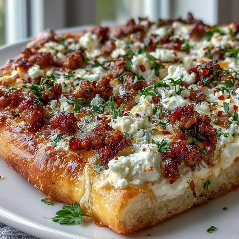 A close-up of a cheesy, spicy sausage and feta pizza slice ready to serve.